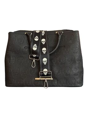 ​Betsey Johnson Black Skull-Embossed Tote Bag with Skull Webbing Strap
